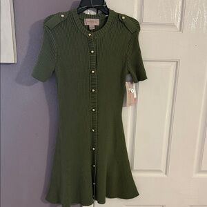 French Connection Olive Green Ribbed Midi Dress with Gold Buttons